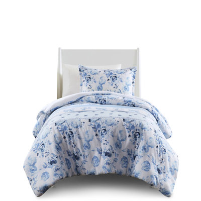 Full/Queen Size Microfiber Duvet Cover With Floral Stripes, Blue, Button Fastener Type Striped , Inner Tie Detail
