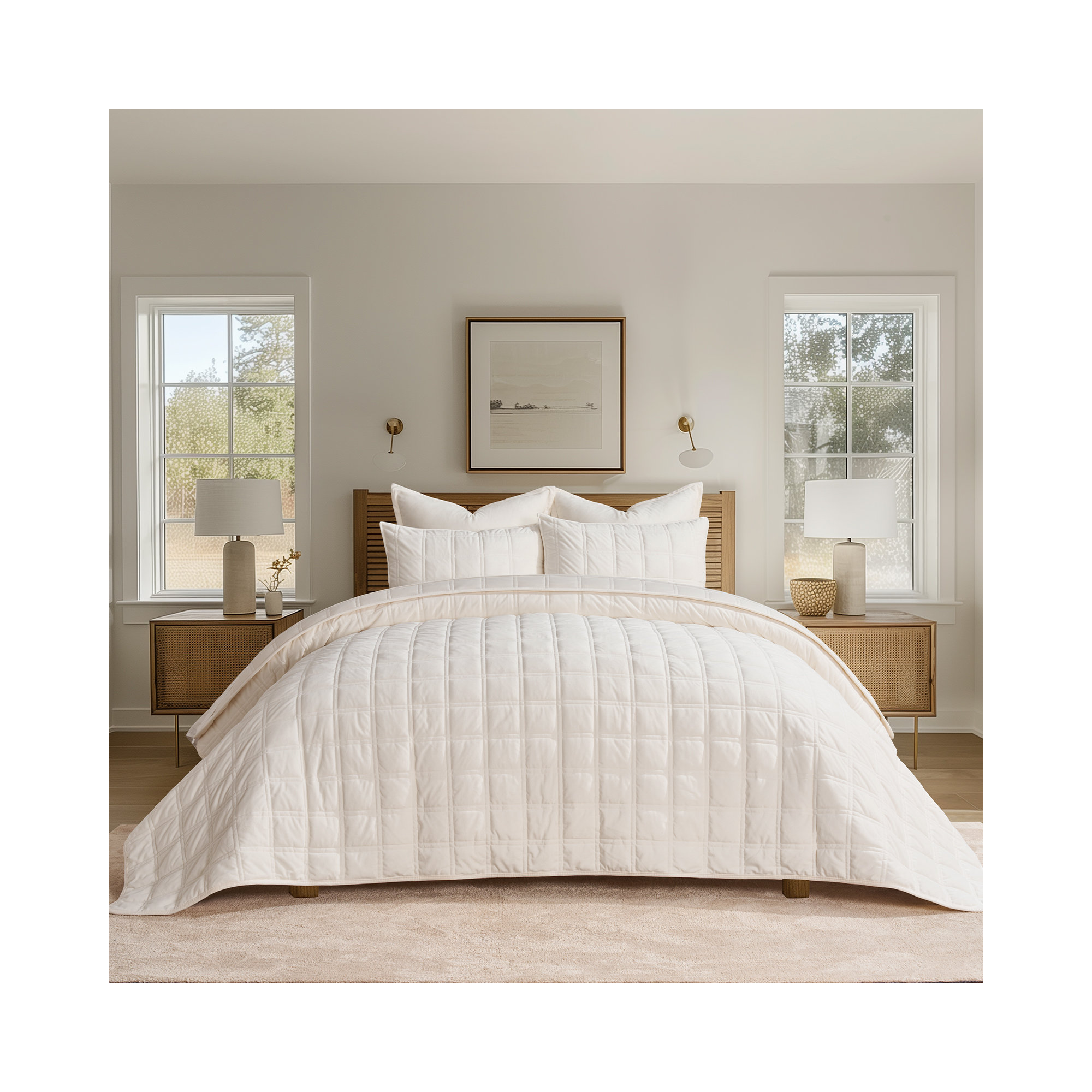 Double Box Stitch Velvet Quilt set, King Quilt + 2 King Shams, Cream White
