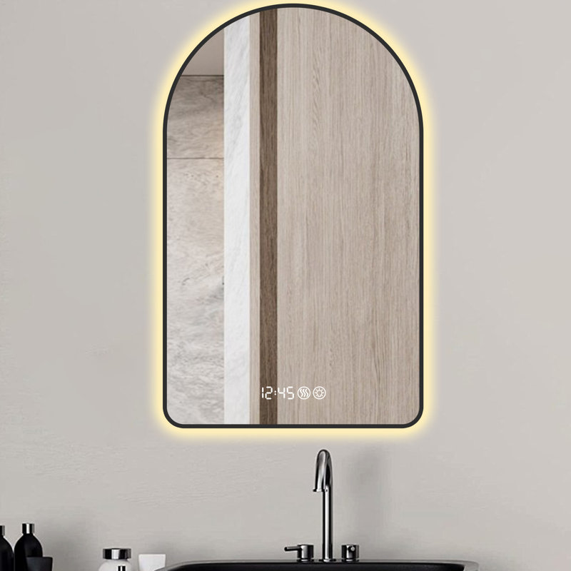 Miroir de salle de bain à DEL, arqué 28 po x 48 po, fonction de temps et de température, brouillard, intensité variable, 3 couleurs, miroir encadré noir 28 po x 48 po, réglable, températures de couleur, cadre