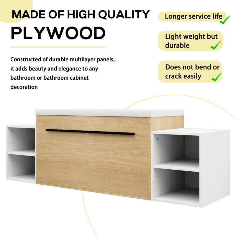 Meuble-lavabo mural 60 po avec lavabo à poser en résine, armoire de salle de bain flottante moderne avec 2 portes à fermeture douce et 2 tablettes de rangement ouvertes, blanc brillant, chêne