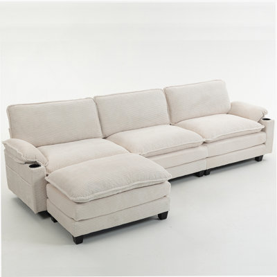 113" Modern 3+1 L-Shaped Corduroy Sectional Sofa - Modular Cloud Couch With Ottoman, 35D High-Resilience Sponge, Double-Layer Thick Cushions, Cup Holders & Storage Bags For Living Room/Apartment