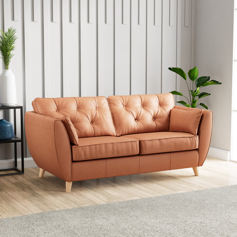 Marylin 3 Seater Leather Sofa, Saddle, Light Wood