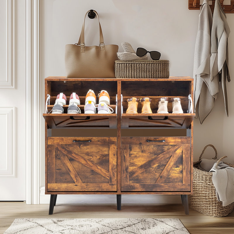 Rustic Weathered Wood Barn Door Shoe Cabinet - Mid-century Tapered Legs & Black Metal Hardware For Modern Rustic Decor