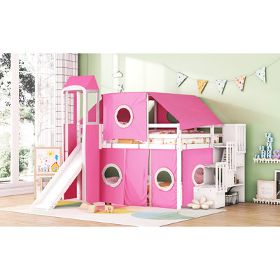 Lit mezzanine rose avec tente et tour - Pleine grandeur. Bois de pin massif fabriqué. Conception inspirée d'une maisonnette avec fenêtre. Espace de rangement spacieux. L 94,6 po x l 99,5 po H 78,9 po. Matelas non inclus.
