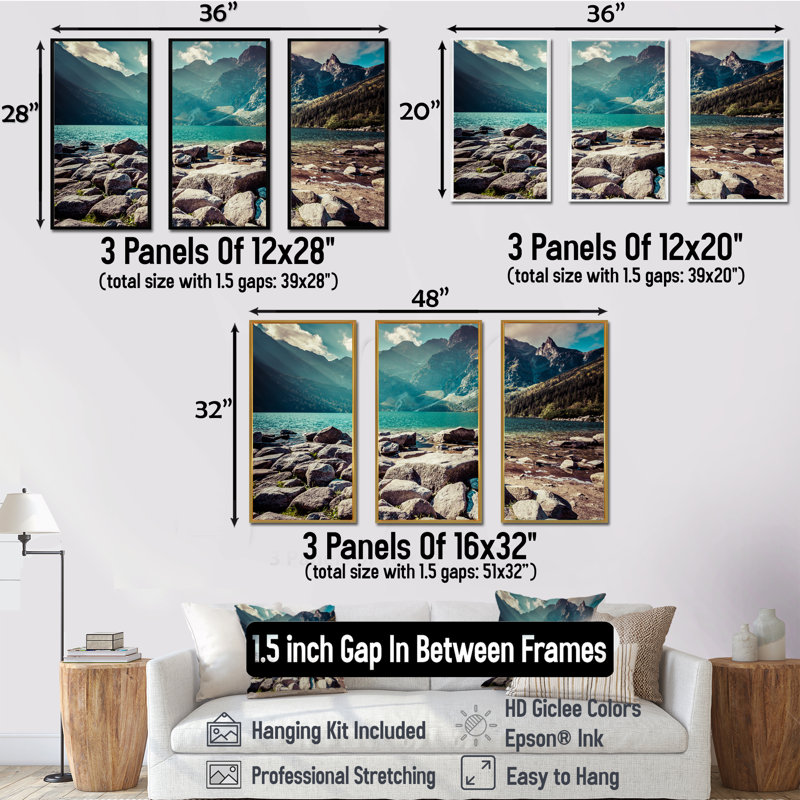 Tatra Mountains Green Water Mountain Lake - ensemble de 3 toiles encadrées, H 32 po x l 48 po x P 1 po, Cadre blanc
