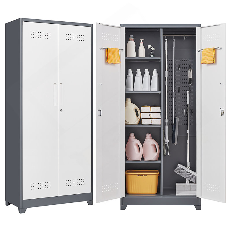 Metal Lockers, Cleaning Tool Cabinets With Locking Doors, High Broom Tool Storage Cabinets, Adjustable Shelves, Large Cabinets For Kitchens, Offices, Shops