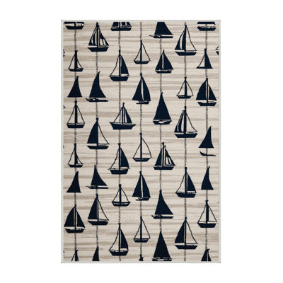 Washable Sailboat Silhouettes Coastal Area Rug