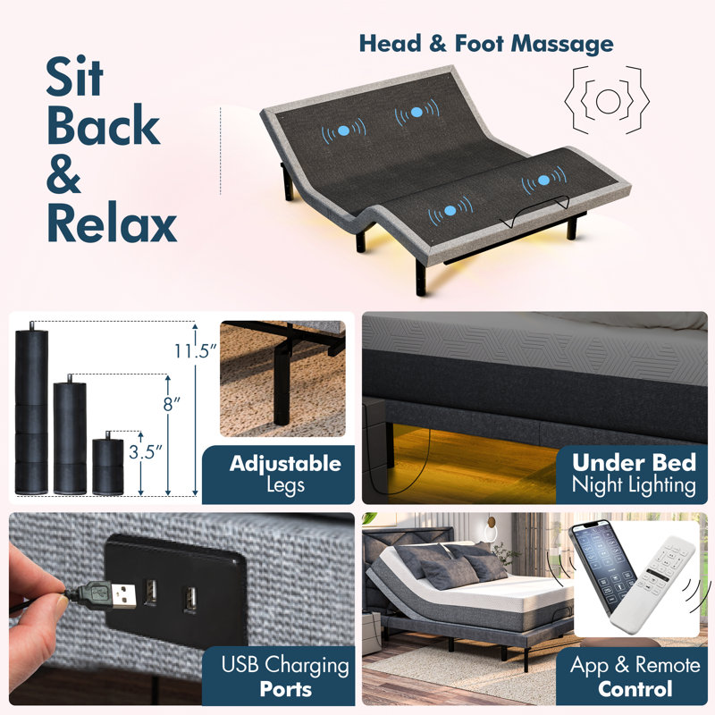 Adjustable Massaging Queen Bed with Memory Mattress, Electric Dual Massage - USB, Under Bed Light, Zero Gravity, App Control, Head and Foot Incline, Reclining Base