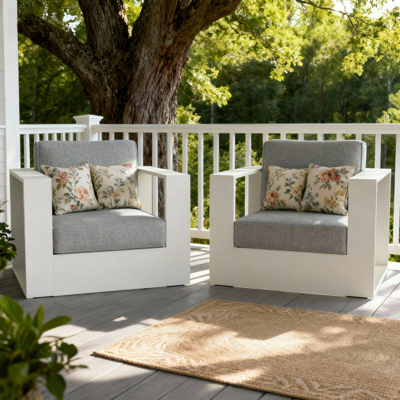 Modern Outdoor Aluminum Chair Set With Cushions (set Of 2), Gray Cushion/White Frame
