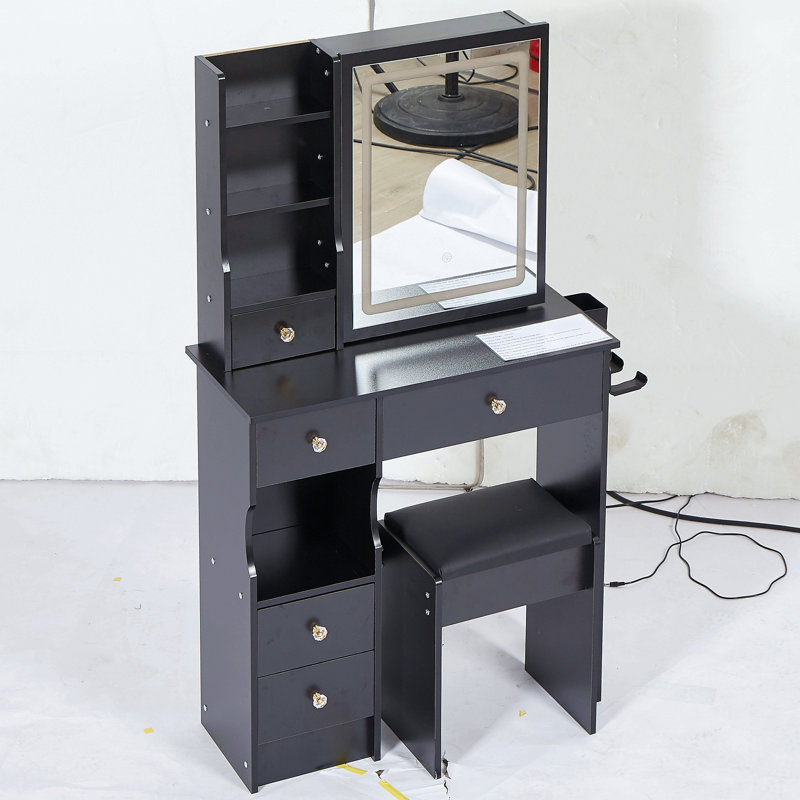 29.2" Small Size Drawer Desktop Vanity Table + Cushioned Stool, 2 Ac+2 Usb Power Station, Hair Dryer Bracket, Extra Large Touch Control Sliding Led Mirror, 3-Color Switching, Epa, Gcc, Ul Certificate