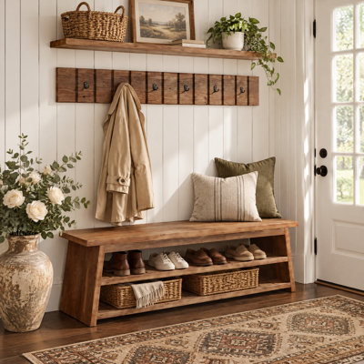 Porte-manteau en bois massif de 160 cm de large avec banc de rangement
