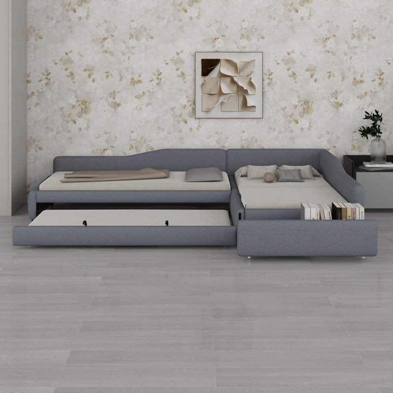 Upholstered Double Daybed With Trundle And Drawer, Gray