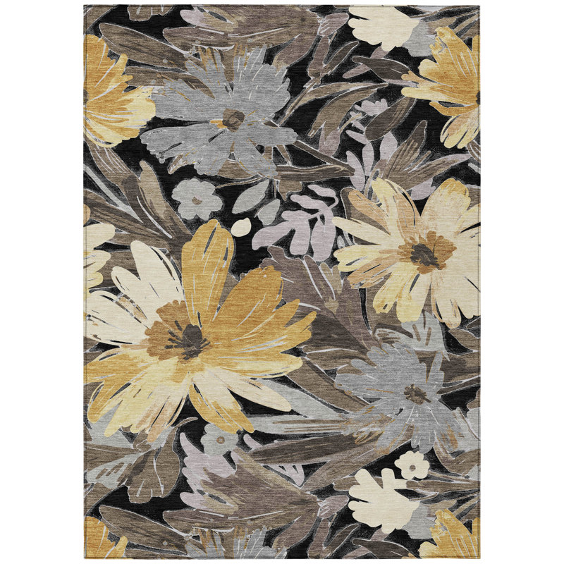 Black and Yellow Floral Synthetic Washable Rug, 2'6" x 3'10"