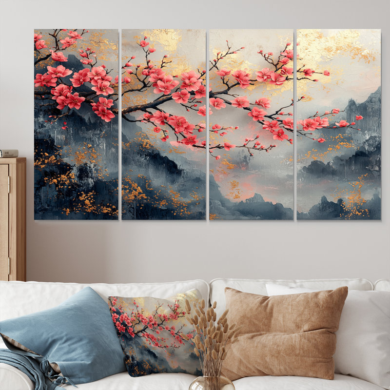 Rose et bleu, cerisier en fleurs, arbre en Chine, ensemble d'art mural sur toile, H 28 po x l 48 po