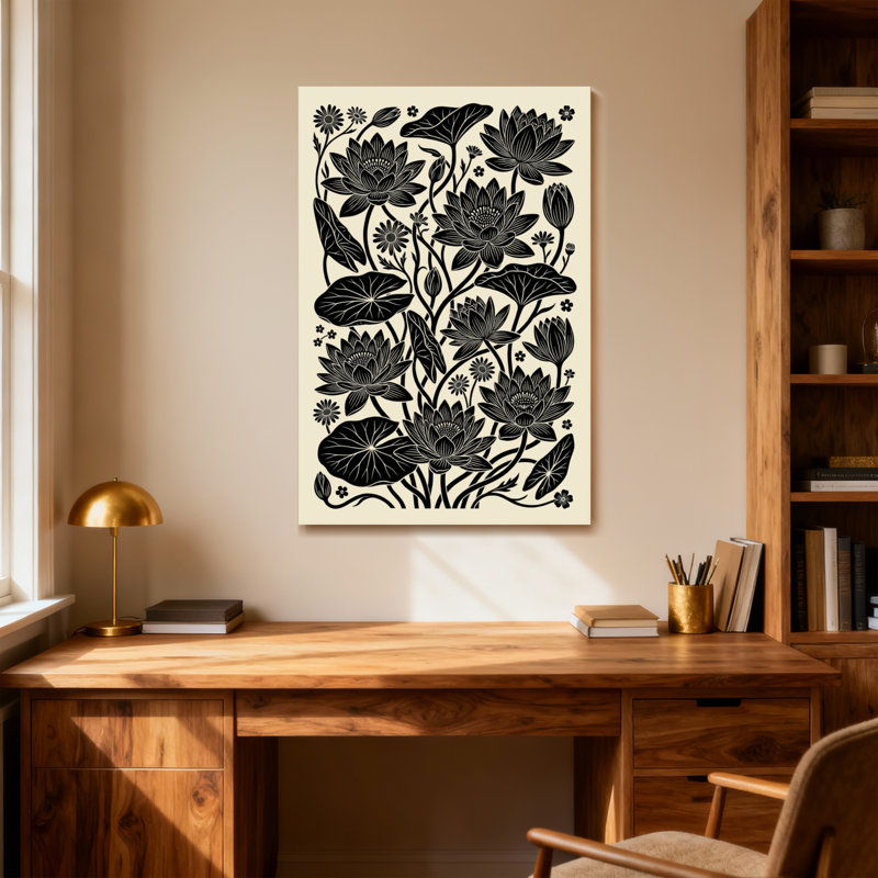 Plantes et fleurs - Motif floral de lotus noir et blanc, H 48 po x l 32 po