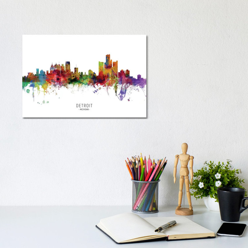 «Detroit Michigan Skyline» par Michael Tompsett, impression sur toile tendue, H 8 po x l 12 po x P 0,75 po