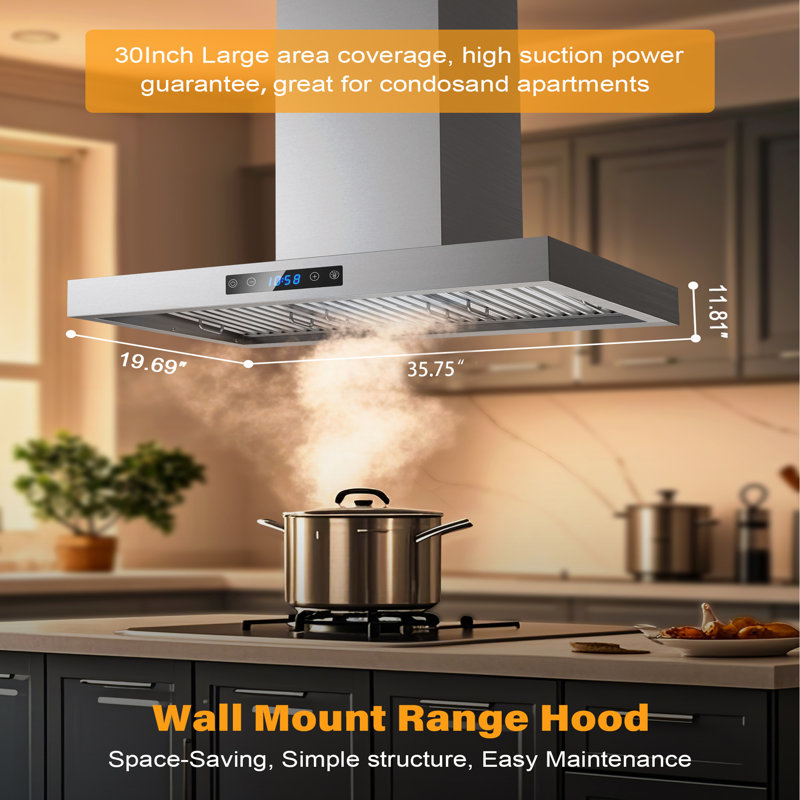Hotte de cuisine murale à 4 vitesses avec contrôle tactile et capteur de mouvements en acier inoxydable avec 2 lumières DEL