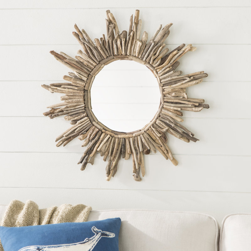 Round Driftwood Framed Sunburst Wall Mirror