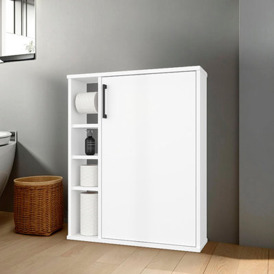 Armoire de salle de bain blanche à 1 porte avec 4 tablettes ouvertes