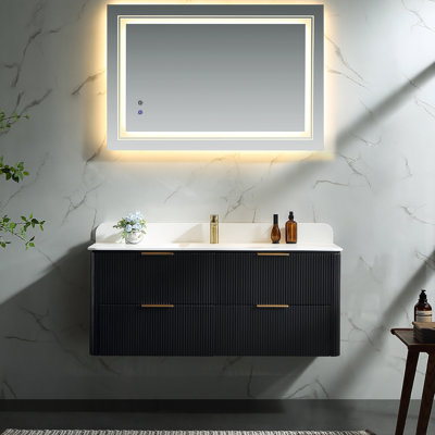 48" Blak Fluted Floating Bathroom Vanity, Curved Corners, Integrated Acrylic Sink