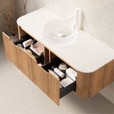 48" Bathroom Vanity With Transparent Round Basin, 3D Wood Grain Cabinet, 2 Drawers, Stable And Floating White Crystal Glass Storage Pre-Assembled