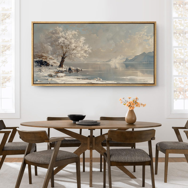 «Rustic Countryside Snow-Tree-Covered River And River Mountain Modern Winter Landscape», reproduction d'art sur toile
