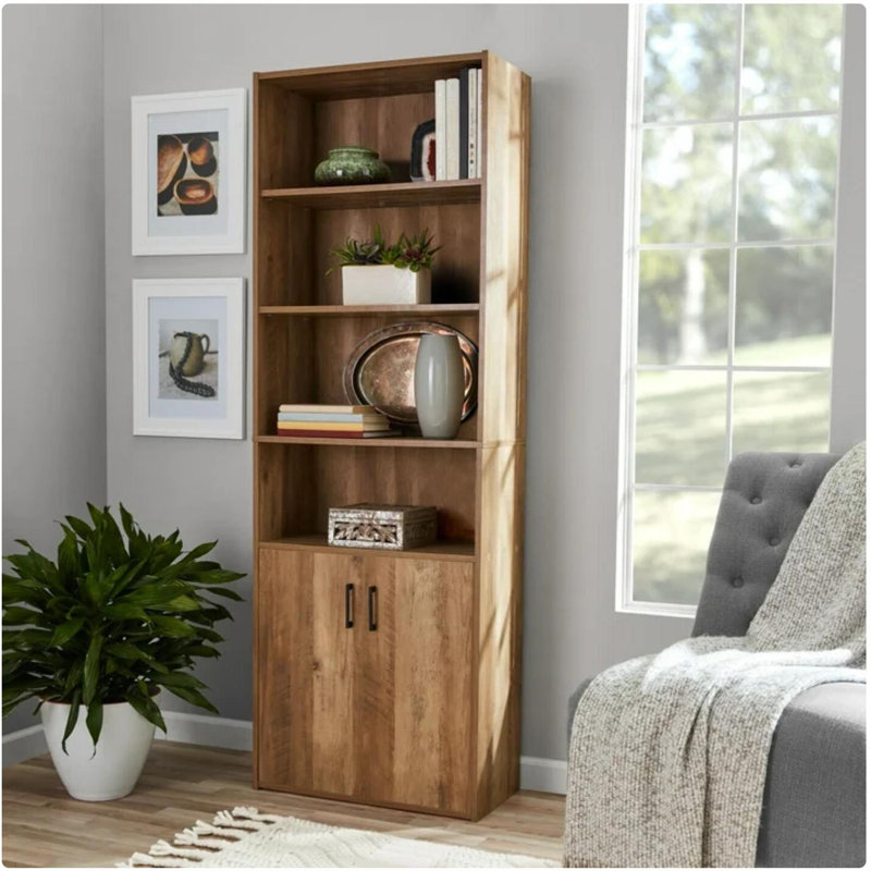 Bibliothèque traditionnelle à 5 tablettes avec portes, Chêne vieilli rustique