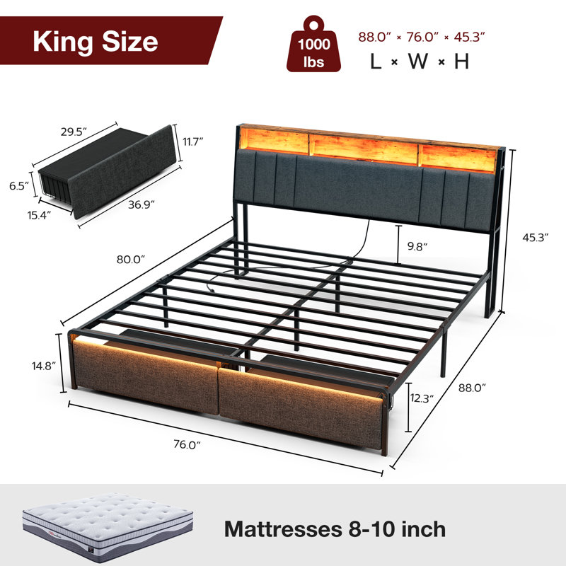 Ivy Bronx Bed Frames With Dustproof Storage Drawer, Ergonomic Hidden Storage Headboard With Charging Station, Upholstered Led Platform Bed, No Box Spring Needed, Easy Assembly