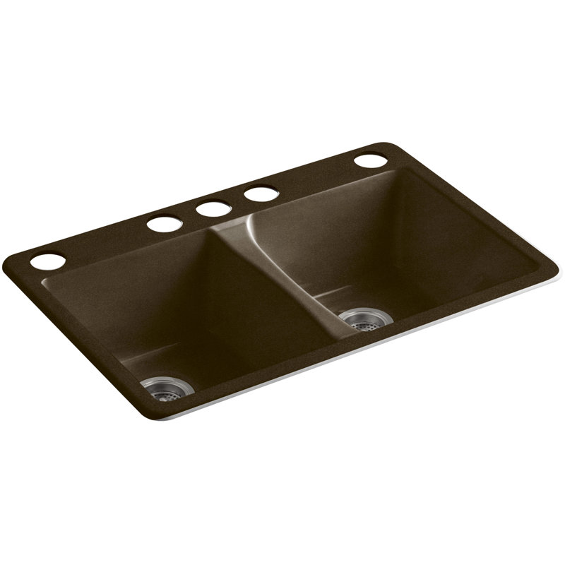 Deerfield 33" L x 22" W Double Basin Drop-In Kitchen Sink with Accessories, Thunder Grey, 5 Hole