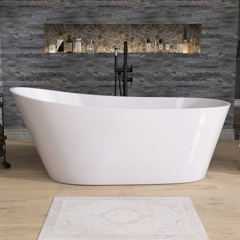 Baignoire autoportante autoportante en acrylique autoportante 59 po, Blanc lustré