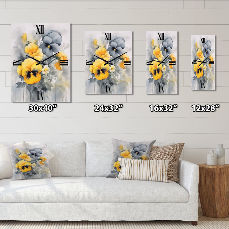 Pensées minimalistes jaunes et grises - Horloge murale florale, Très grand
