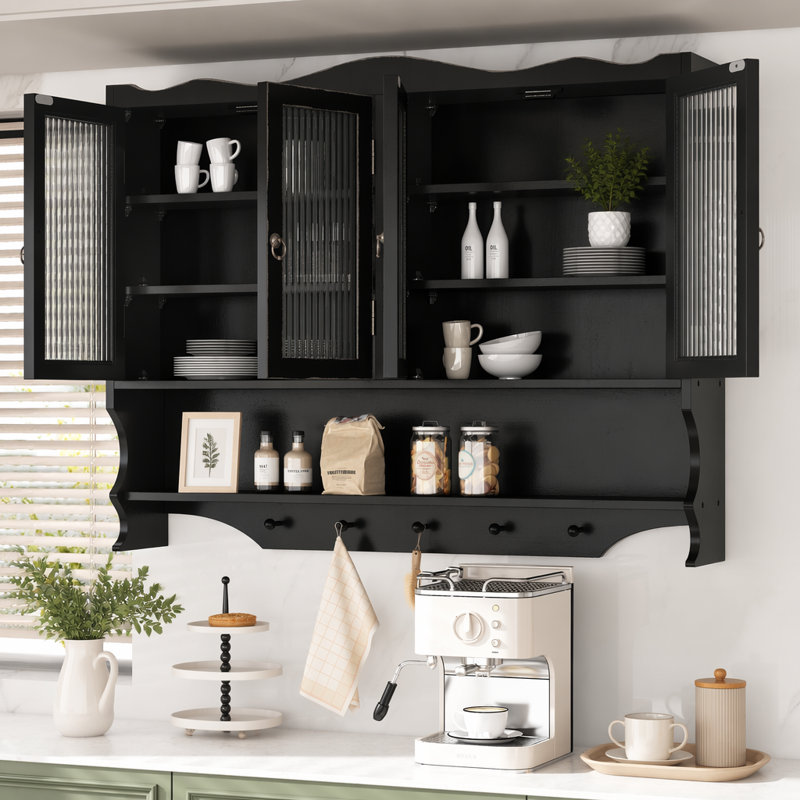 Armoire murale 39,37 po à 4 portes rétro, avec deux niveaux de rangement et un support à crochets ouverts, convient aux salles de bain, cuisines, salles à manger, noir antique