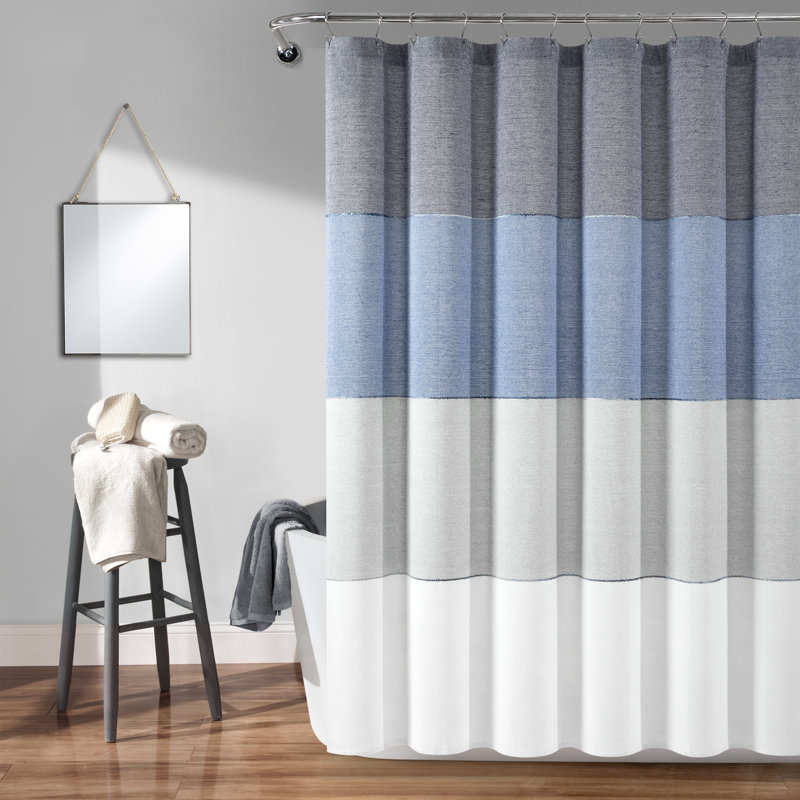 Lush Decor Color Block Ombre Yarn Dyed Cotton Blend Shower Curtain, Navy/White/Blue/Gray