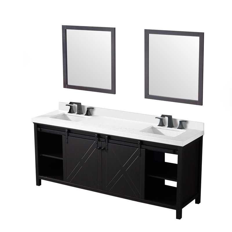 Ensemble de meuble-lavabo double avec robinet l 80 po x P 22 po Marsyas, Gris cendre, Marbre de culture blanc