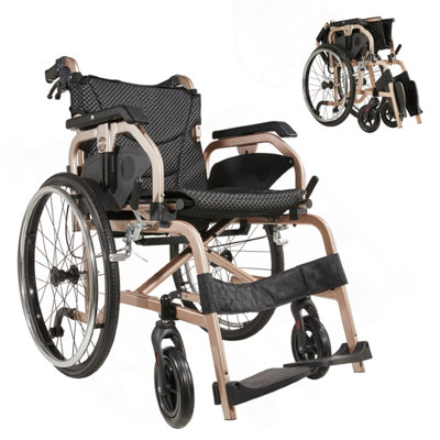 Aluminum Foldable Lightweight Adult Wheelchair, New Square Tube Design, 18" Seat With Front And Rear Locking Hand Brakes, 22" Rear Wheels, Color Champagne Gold