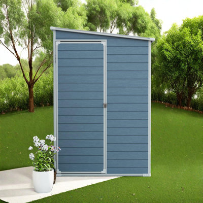 4 x 8 Ft Outdoor Resin Storage Shed with Floor, Two Windows, Lockable Door, and Sloped Roof