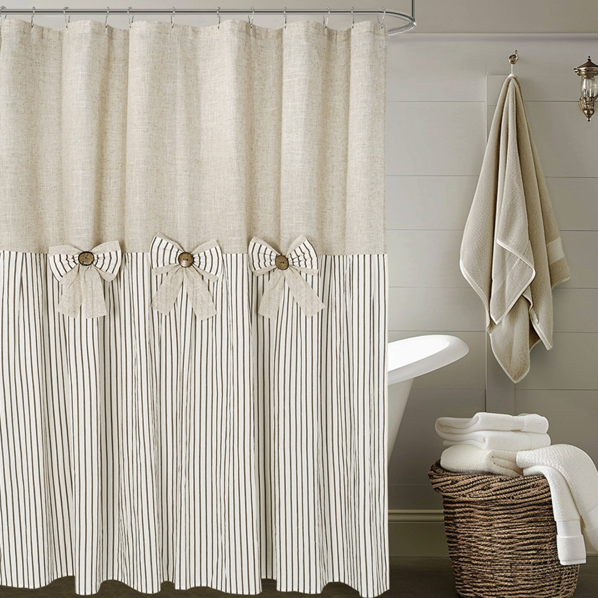 Profetto Farmhouse Linen Button Shower Curtain, Bowknot,Linen And Cotton Woven Fabric,Pleated Stripe,Country Style,72X72 In