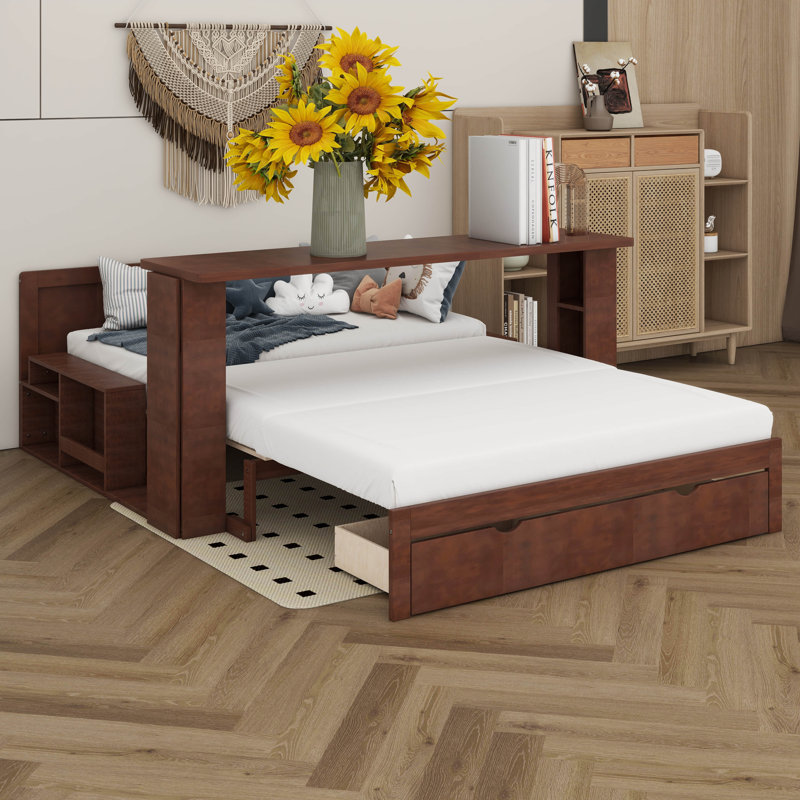 Full Size Day Bed With Removable Desk, Wooden Daybed Frame With Storage Drawers & Hydraulic Side Table, Espresso
