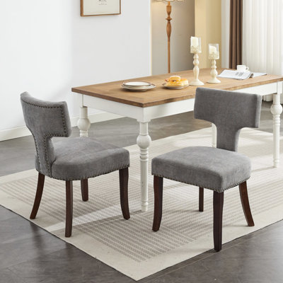 2 chaises de salle à manger de style Mid-Century moderne, en lin gris revêtu de clous courbés et cuivrés envoûtants, avec 2 coussins de siège confortables en mousse et une assise en bois massif pour plus de confort