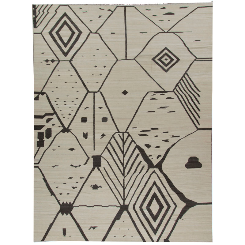Flatweave Wool Geometric Area Rug in Beige