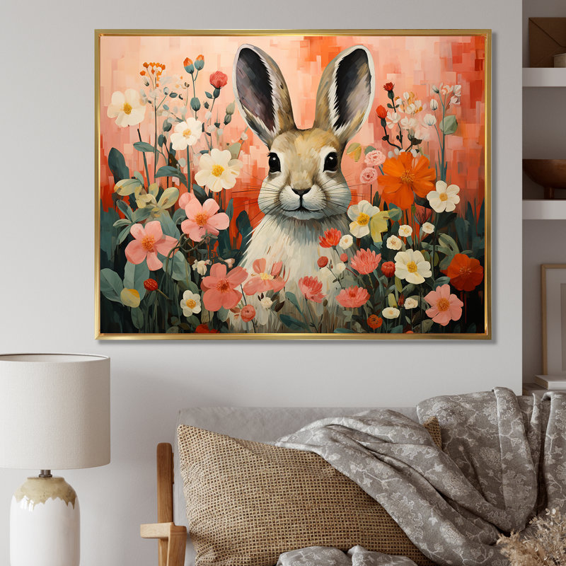 Art de mur de lapin rose, H 24 po x l 32 po x P 1 po, Cadre flottant doré