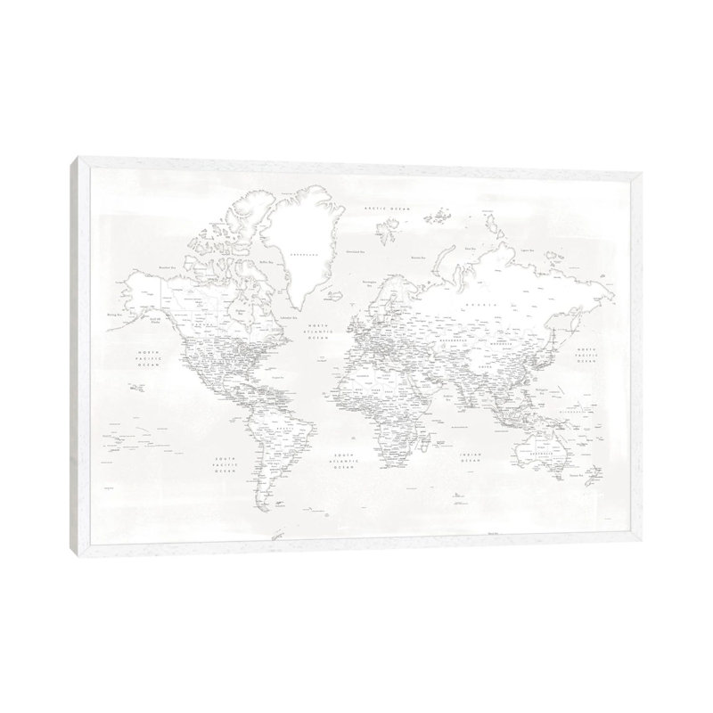 Detailed World Map Maeli White by Blursbyai - Gallery-Wrapped Canvas Giclée on Canvas, 101.6 cm H x 66.04 cm W, White Framed