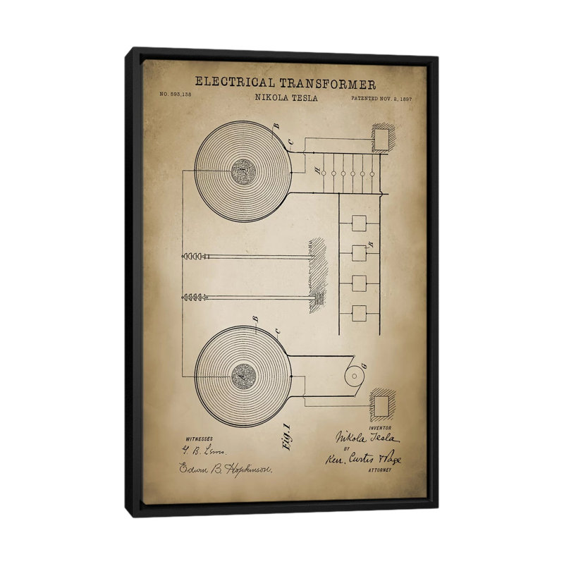 «Tesla Electric Transformer, Beige», impression sur toile, H 26 po x l 18 po x P 1,5 po, Toile avec cadre noir, Pas de tapis