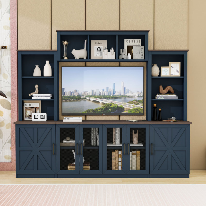 Meuble audio-vidéo contemporain avec compartiments ouverts, meuble télé avec stations de recharge intégrées, Bleu