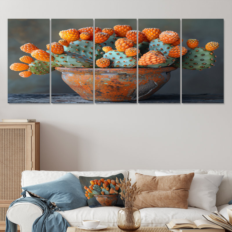Orange orange vert, photo monochrome de cactus dans un vase I - ensemble d'art mural floral cactus, H 28 po x l 60 po
