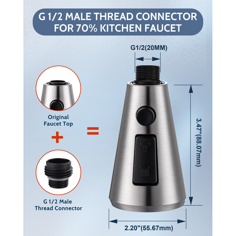 Robinet de cuisine à 3 fonctions avec douchette extractible et ensemble de 9 adaptateurs, Nickel brossé
