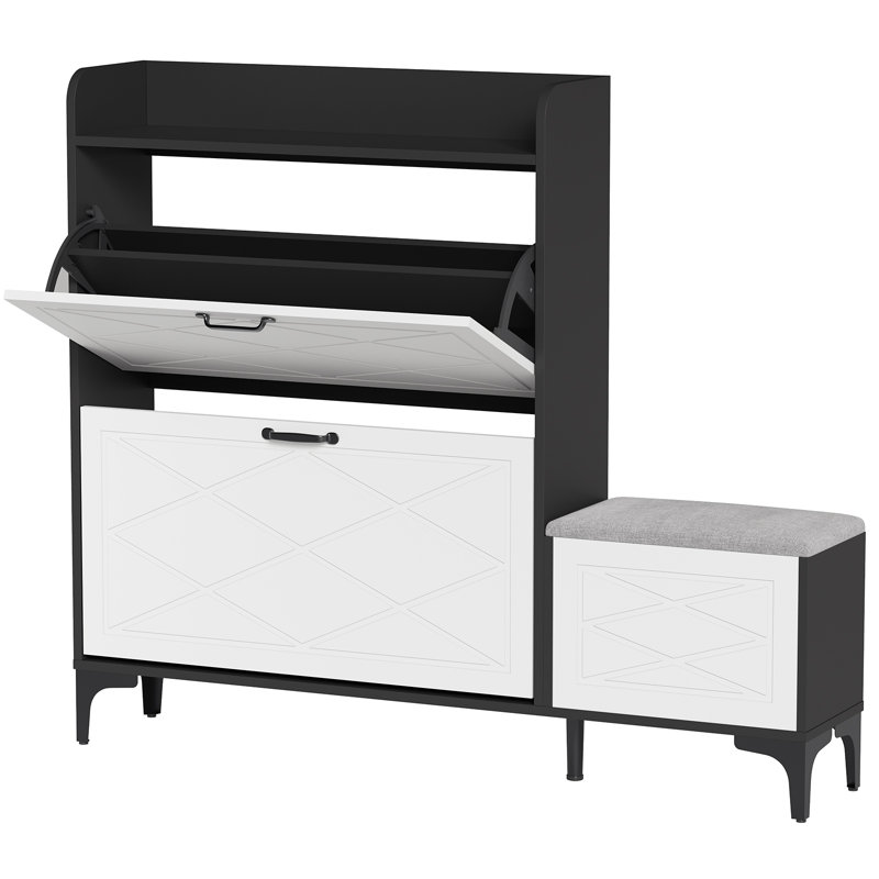 24 Pairs Shoe Storage Cabinet with Cushion Bench and Adjustable Flip Storage Cabinet, Black