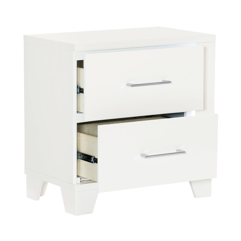 Table de chevet de chambre à coucher avec blanc brillant et DEL, 2 glissières de tiroir à roulement à DEL avec tiroirs éclairés pour la décoration, style moderne