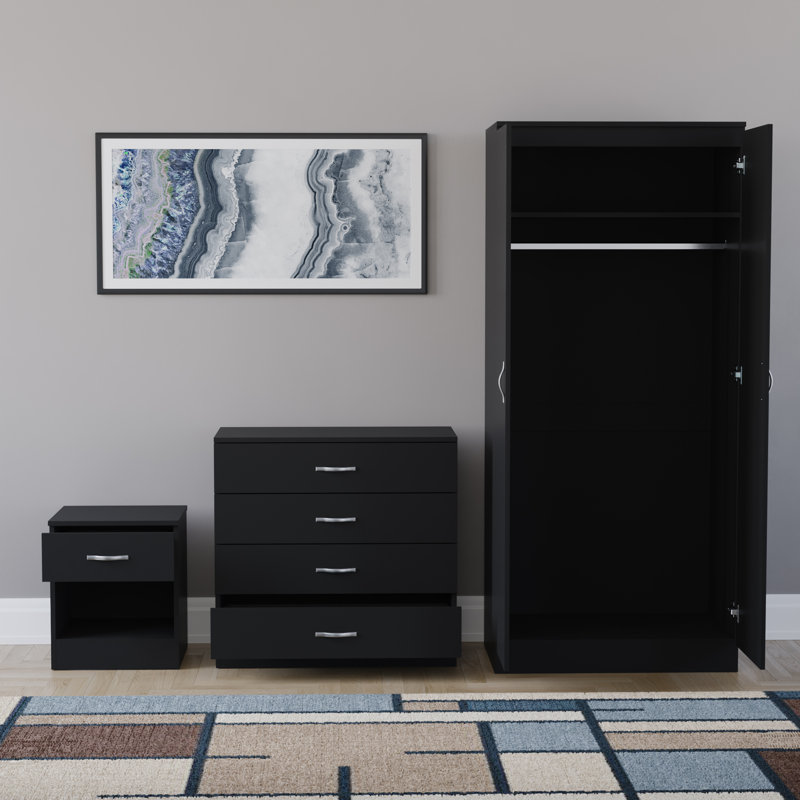 Maybery 3 Piece Bedroom Set (1 Drawer Bedside Cabinet, 4 Drawer Chest, 2 Door Wardrobe), (4), Black