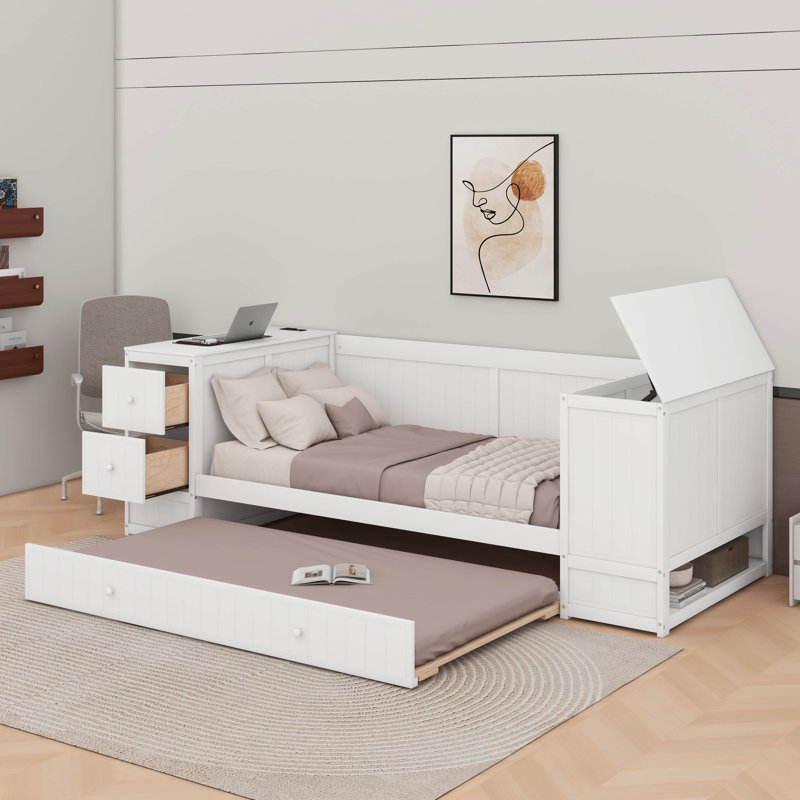 Lit de jour simple avec couchette, accoudoirs de rangement et station de charge, Blanc